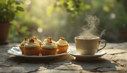 Outdoor setting with a hot tea in cup and cupcakes, with sunlight filtering through greenery