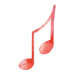 Colorful watercolor music note illustration in vibrant red and pink tones welcoming the joy of melody and creativity in art