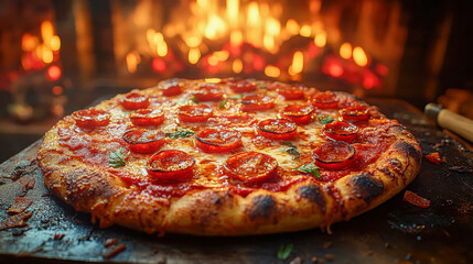 Traditional brick oven with flames roaring and a pizza topped with melted cheese and crispy crust inside