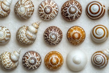 Collection of Diverse Seashells on Marble Surface
