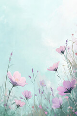 Naklejka premium A dreamy floral illustration of delicate lavender, wild florals and pink blossoms in a soft, painterly style. 