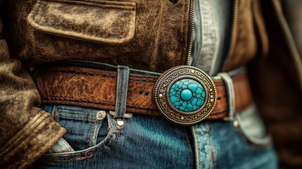 Close-Up of Cowboy Belt Buckle with Turquoise Stones