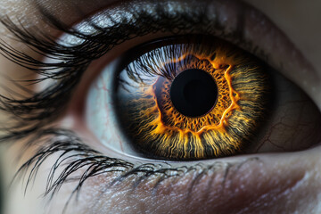 striking human eye with vibrant orange and black patterns, showcasing unique beauty