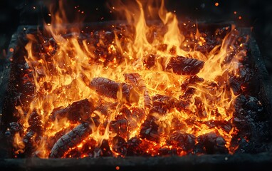 Close-up fiery glow with flames roaring through a backyard grill