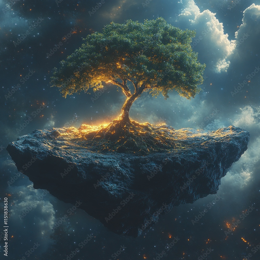 Poster glowing tree on a floating island in space, surrounded by clouds and stars.
