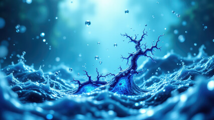 An artistic representation of semaglutide, featuring a blue liquid with water droplets, encapsulated within the shape of its molecular structure.