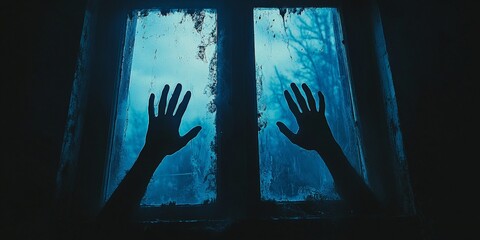 Mystical Silhouettes of Hands on Blue-Backlit Window