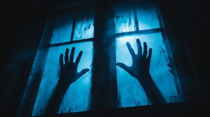 Mystical Silhouettes of Hands on Blue-Backlit Window