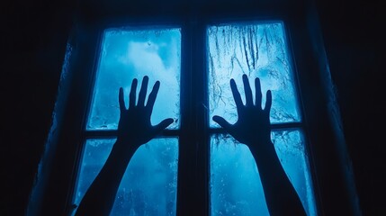 Mystical Silhouettes of Hands on Blue-Backlit Window