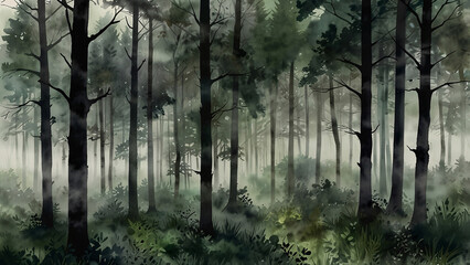 Dreamy Green Forest Path in Watercolor with Majestic Trees and Mist Framing a Peaceful Walk Through a Tranquil Natural Landscape