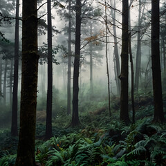 Dreamy Green Forest with Misty Fog and Watercolor Trees Painting Bringing Tranquil Nature to Life in a Serene Landscape