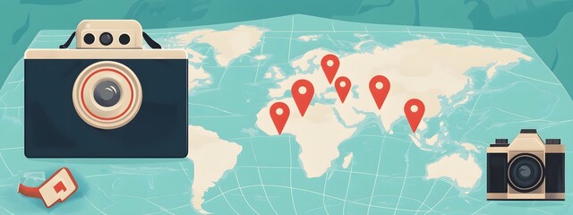 Illustration of a travel map with red pins and a camera, a passport on a blue background