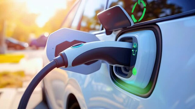 An electric vehicle charging at a station, showcasing sustainable energy use.