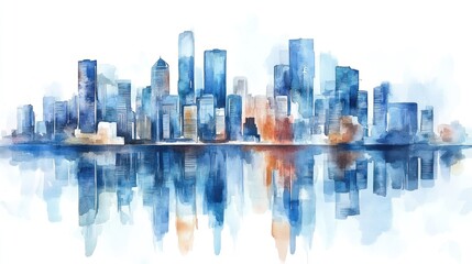 Fototapeta premium Watercolor painting of a city skyline reflected in water.