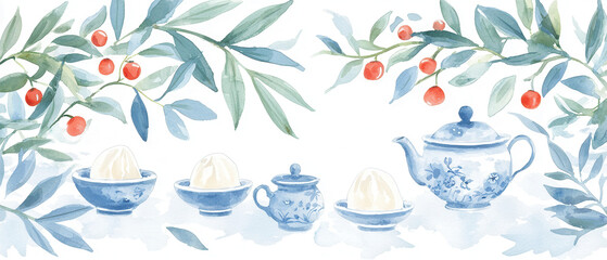 Chinese Lunar New Year. Elegant watercolor tea set surrounded by leaves and red berries, perfect for a serene tea time atmosphere.