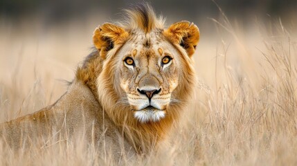 Obraz premium A majestic lion gazes through tall grass, showcasing its powerful presence in the wild, symbolizing strength and beauty.