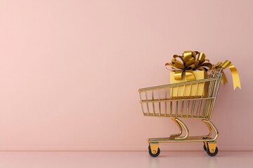 New year savings concept. Shopping cart with a gift wrapped in gold on a pink background.