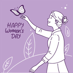 Celebrate Women's Day with a stunning vector design featuring a joyful lady and elegant floral elements. Perfect for greeting cards, invitations, and digital art projects.