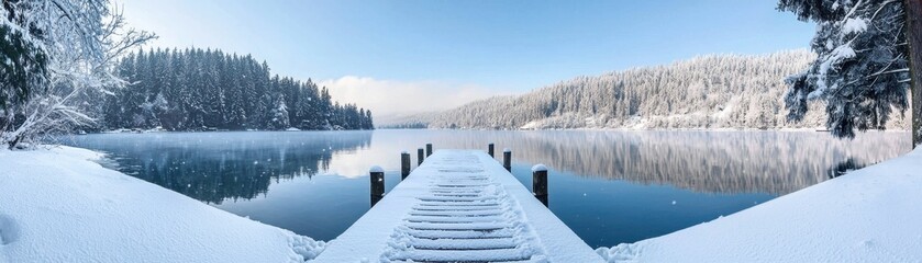 A serene winter landscape featuring a snow-covered dock extending into a tranquil lake, surrounded by frosted trees.