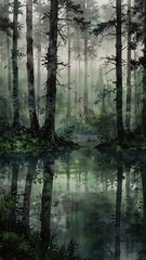 Mystical Green Forest in Watercolor with Majestic Trees Shrouded in Soft Fog Framing a Quiet Path Through the Misty Wilderness