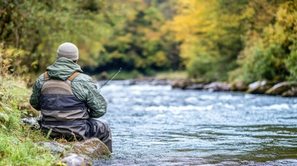 Angler Fly Fishing In Autumn River Landscape
