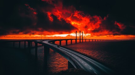 Fiery Sunset Over Bridge And Coastal Highway