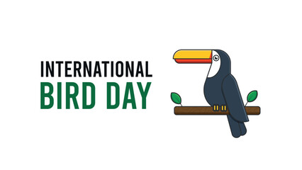 National Bird Day Vector banner on white background. Toucan bird. January 5.Poster of cute and colorful bird sitting on tree branch for national bird day celebration. Suitable for greeting card.