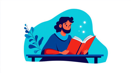 Obraz premium Flat style Illustration of a Wizard Reading Glowing Magical Books in a Mystical Setting