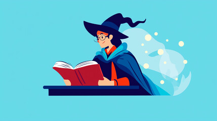 Flat style Illustration of a Wizard Reading Glowing Magical Books in a Mystical Setting
