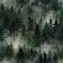 Quiet Green Forest Path in Watercolor with Layers of Fog Enveloping Majestic Trees Framing a Peaceful and Mystical Walk Through the Forest