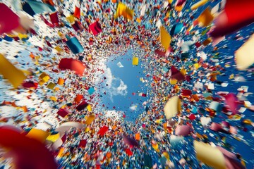 Colorful confetti falling from above, creating a vibrant, swirling vortex against a bright blue sky.