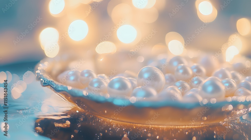 Poster lustrous pearls resting in a shell under soft lights