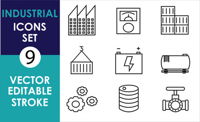  A  vector illustration featuring nine industrial-themed icons: factory, gauge, warehouse, crane, battery, tank, gears, storage, and valve