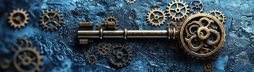 A vintage key surrounded by intricate gears, symbolizing unlocking potential and creativity in a steampunk-inspired design.