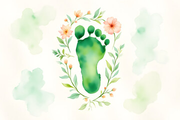 Fototapeta premium Watercolor Painting of Green Footprint Surrounded by Floral Elements, Soft Pastel Shades, Organic and Peaceful Mood with Textured Paper Background