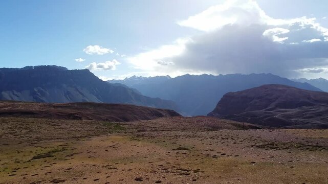 An aerial view of the langza mountains in the cold desert of spiti valley in the himalayas. Famous for fossils of marine animals which are in tethys sea millions year ago in spiti valley himachal prad