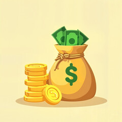 Money Bag and Gold Coins, Wealth and Finance Illustration