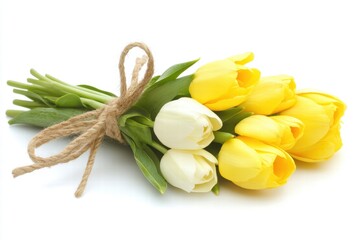 Bouquet of Yellow and White Tulips Tied with Twine