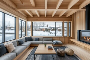 Fototapeta premium Cozy Modern Living Room with Wood Beams and Fireplace