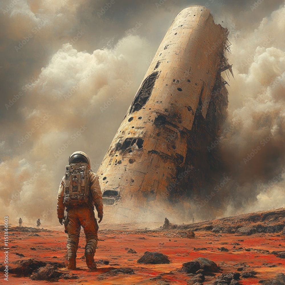 Poster astronaut exploring a crashed spaceship on a desolate alien planet.