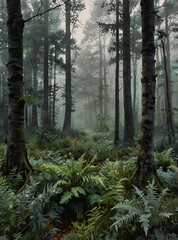 Tranquil Watercolor Illustration of a Lush Green Forest Path Covered in Misty Fog Framing Majestic Trees for a Peaceful Escape into Nature