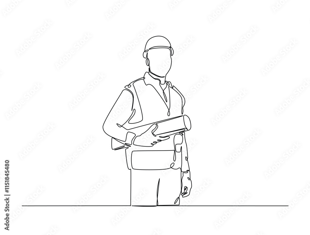 Poster continuous line drawing art of male engineer holding blueprint paper. worker with blueprint paper il