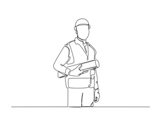 Continuous line drawing art of male engineer holding blueprint paper. Worker with blueprint paper illustration in simple outline design. Editable stroke vector.