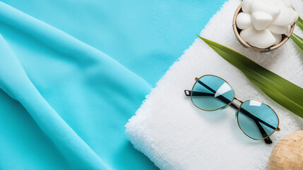 Sunglasses and floral decor on white and turquoise towel