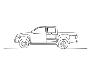 Continuous line drawing art of pickup truck in the road. Pickup car illustration in simple outline design. Editable stroke vector. © Line addict