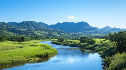 A lush green valley surrounded by mountains, with a calm river flowing gently through the scene, reflecting the clear blue sky.