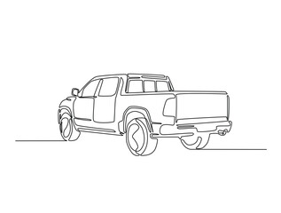Continuous line drawing art of pickup truck in the road. Pickup car illustration in simple outline design. Editable stroke vector. © Line addict