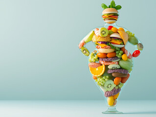 Female figure crafted from unhealthy fast food in a glass vase, symbolizing poor diet choices. A striking visual representation of obesity, unhealthy eating habits, and the consequences of junk food c
