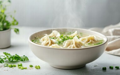 A steaming bowl of wonton soup levitating mid-air with dumplings and scallions, on a light gray background