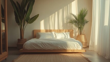 Fototapeta premium Sunlit Bedroom With Wooden Bed And Tropical Plants